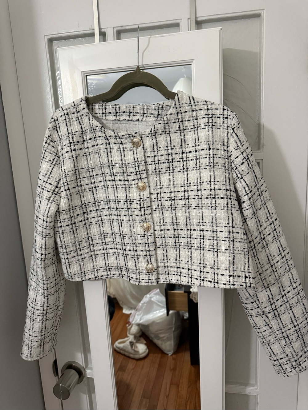 SHEIN White & Black Cropped Tweed Button Jacket